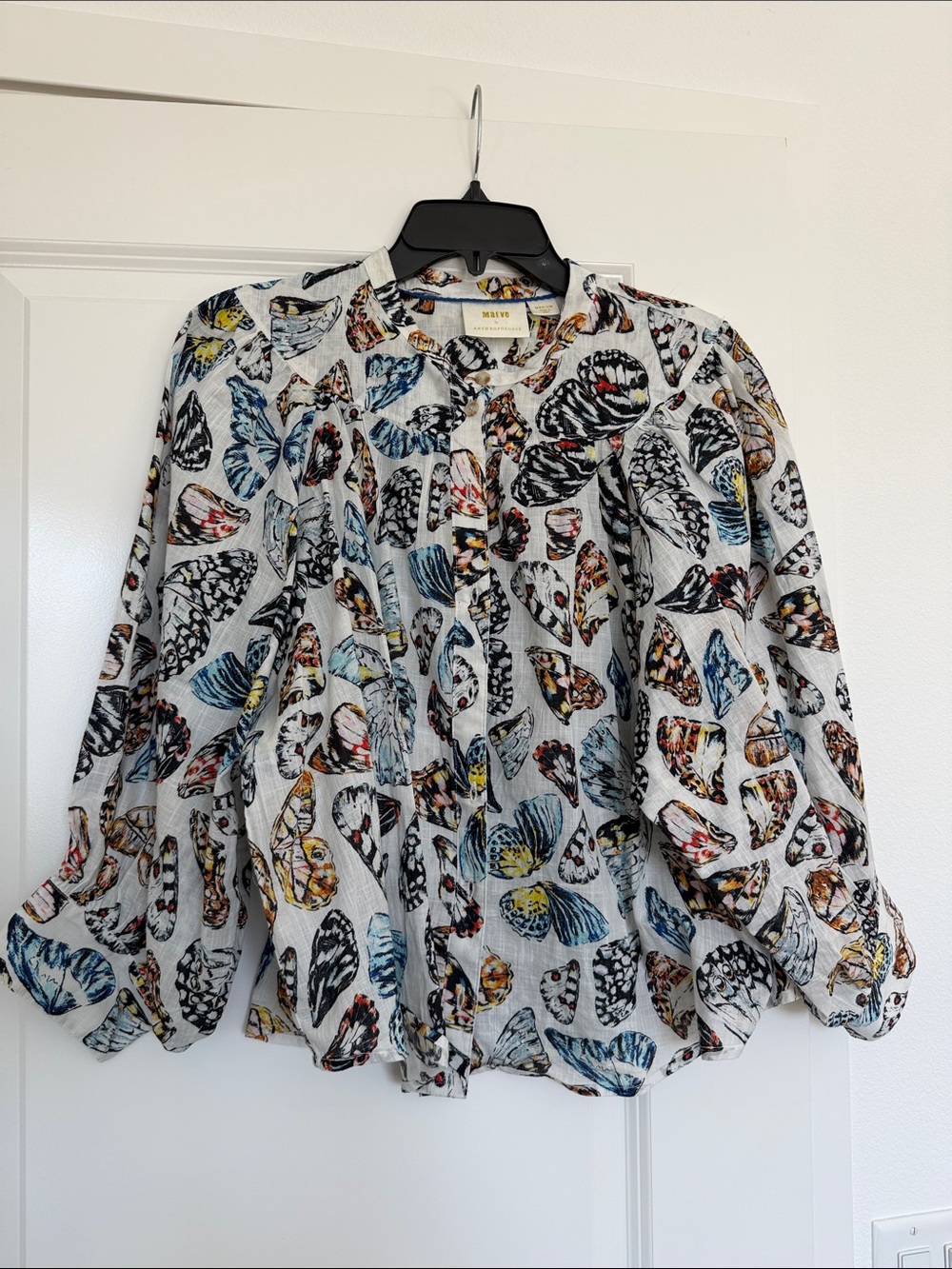 Anthropologie White Blouse with Multicolor Butterfly Print